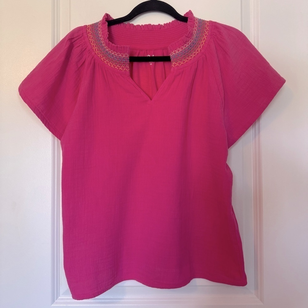 NWT LOFT Pink Smocked Neck Women's Gauze 100% Cotton Medium Top